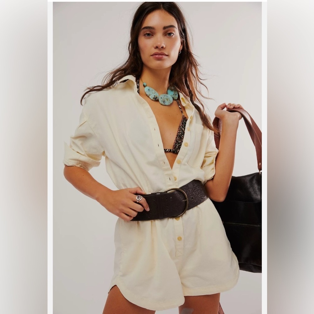 Free People Cream Long-Sleeve Utility Romper